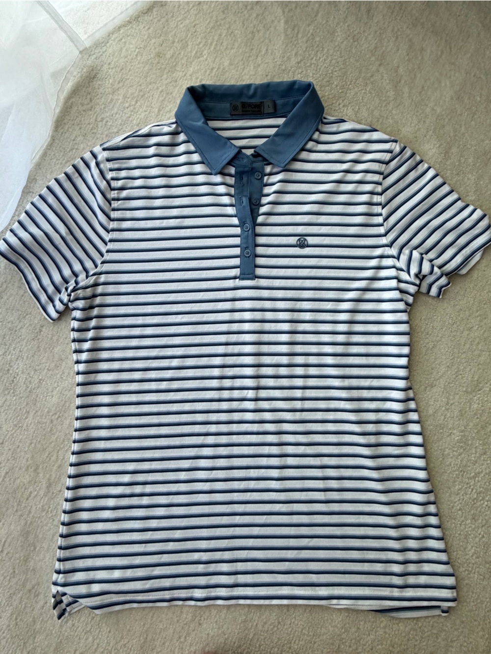 G/FORE White & Blue Striped Polo with Blue Collar
